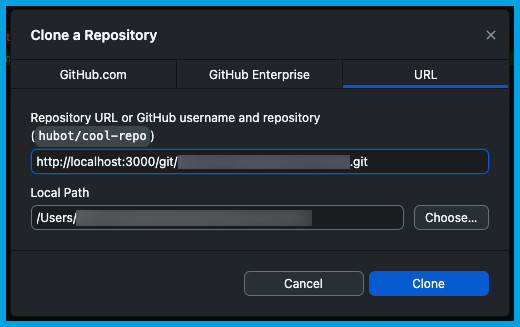 Cloning a repository from a URL in GitHub Desktop.