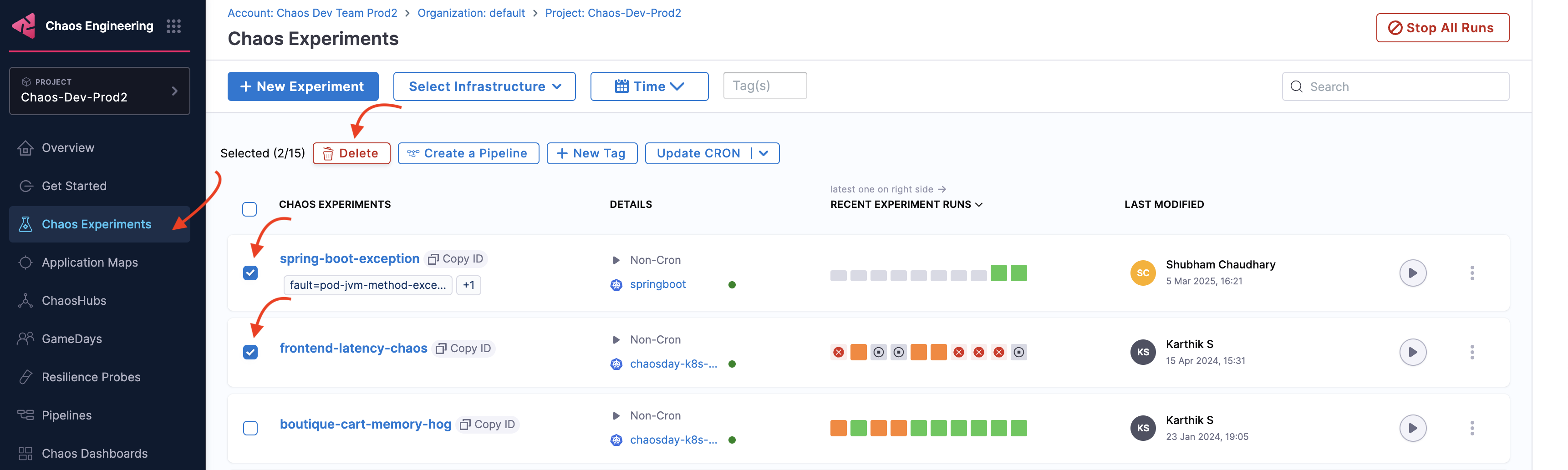 delete multiple experiments